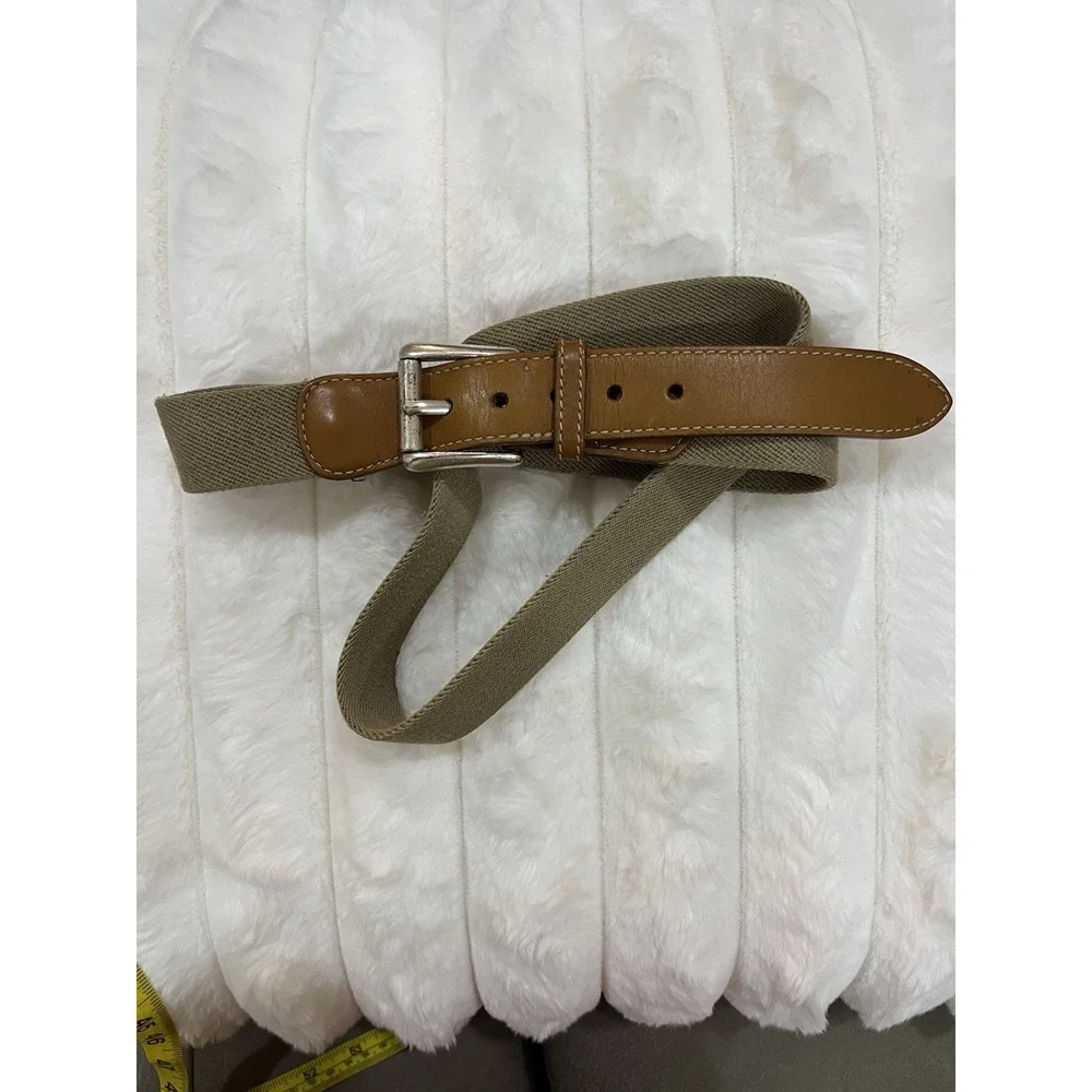 L.L. Bean‎ Stretch Canvas Belt Mens 46 Brown Leather Trim Khaki Woven Excellent